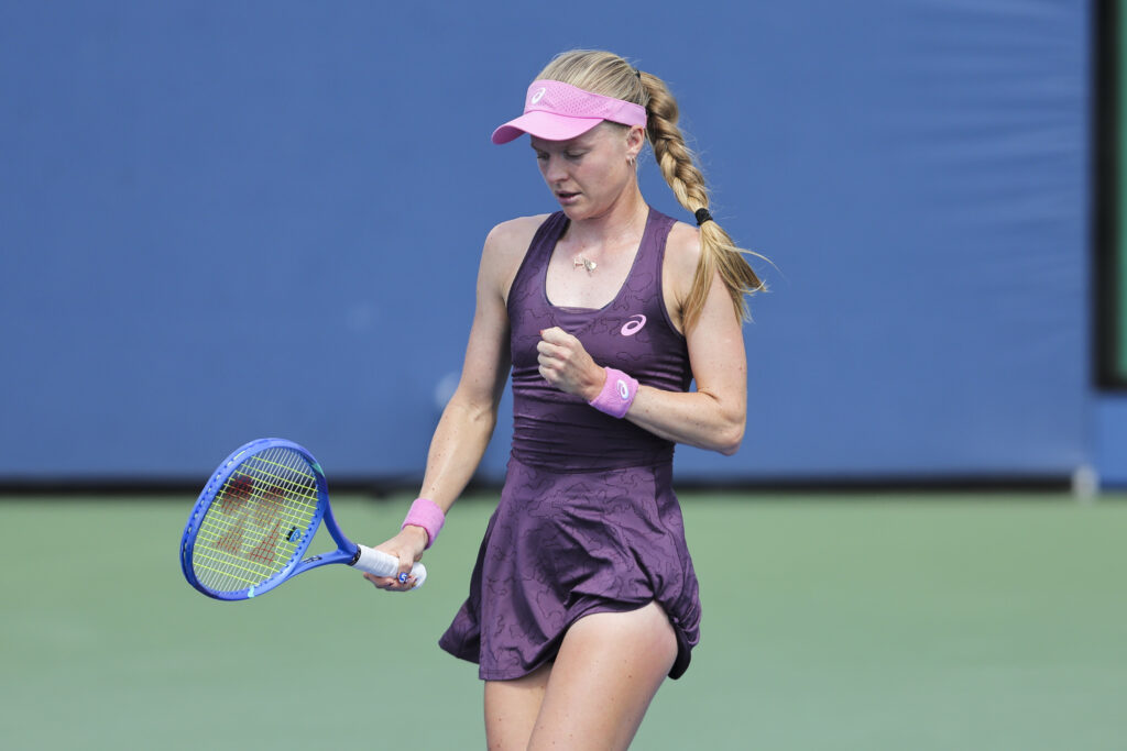Harriet Dart reacts during a women's qualifying singles match during Fan Week as part of the 2026 US Open at USTA Billie Jean King National Tennis Center.
