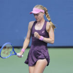 Harriet Dart reacts during a women's qualifying singles match during Fan Week as part of the 2026 US Open at USTA Billie Jean King National Tennis Center.