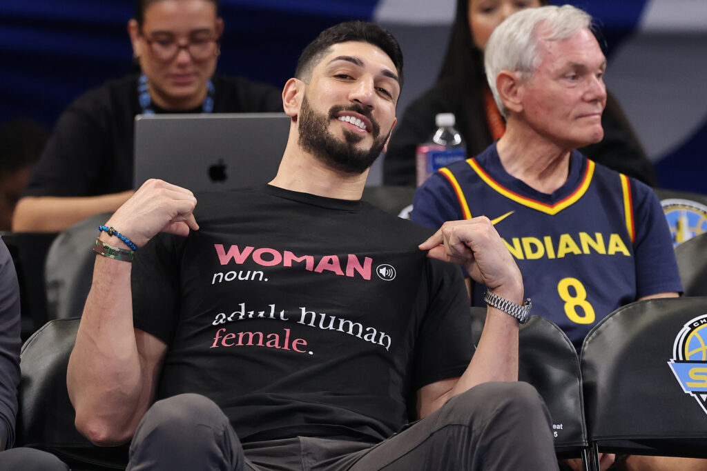 Former basketball player Enes Kanter Freedom looks on courtside prior to the game between the Chicago Sky and the Indiana Fever at Wintrust Arena.