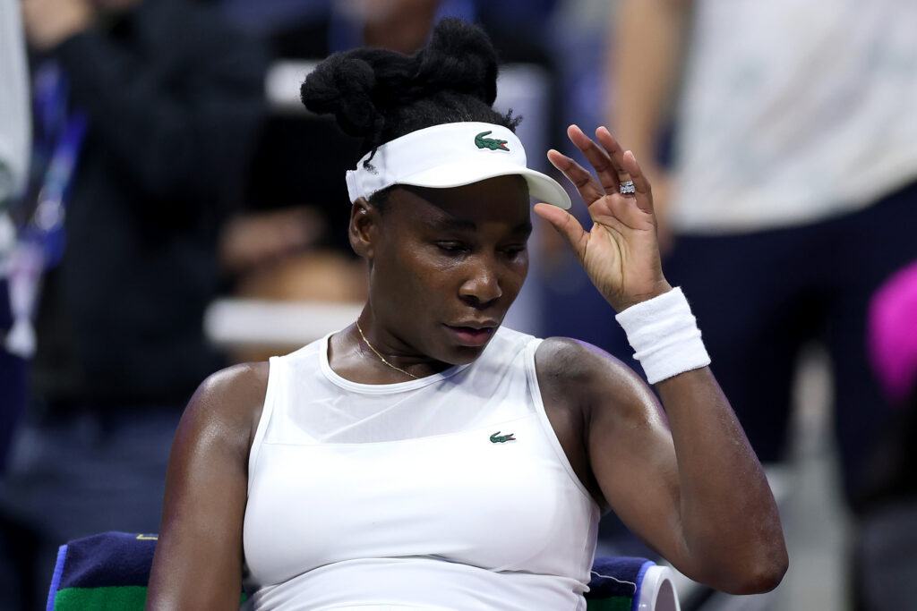 Venus Williams of the United States reacts to match point against Sofia Kenin of the United States during her Women's Singles First Round match on Day One of the 2026 US Open at USTA Billie Jean King National Tennis Center.