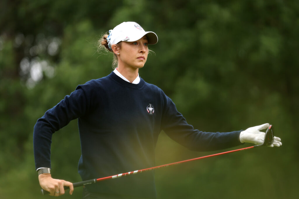 Nelly Korda of Team United States tees off on the fifth hole during the Friday afternoon four-balls matches of the Solheim Cup 2026.