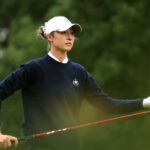 Nelly Korda of Team United States tees off on the fifth hole during the Friday afternoon four-balls matches of the Solheim Cup 2026.
