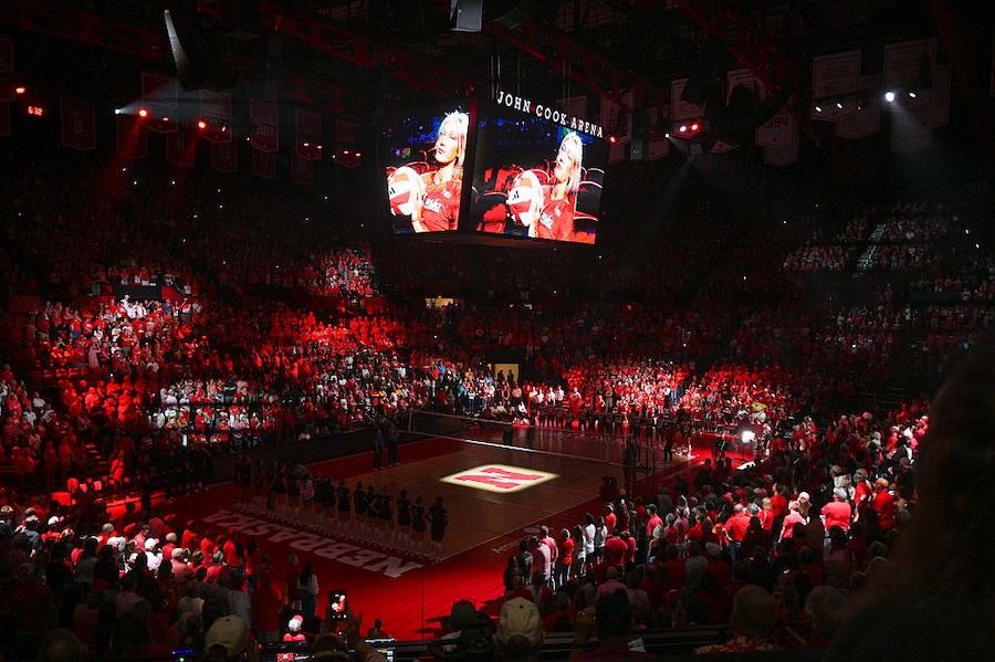 General view of the light show before the match between the Nebraska Cornhuskers and the New Mexico Lobos at Bob Devaney Sports Center.