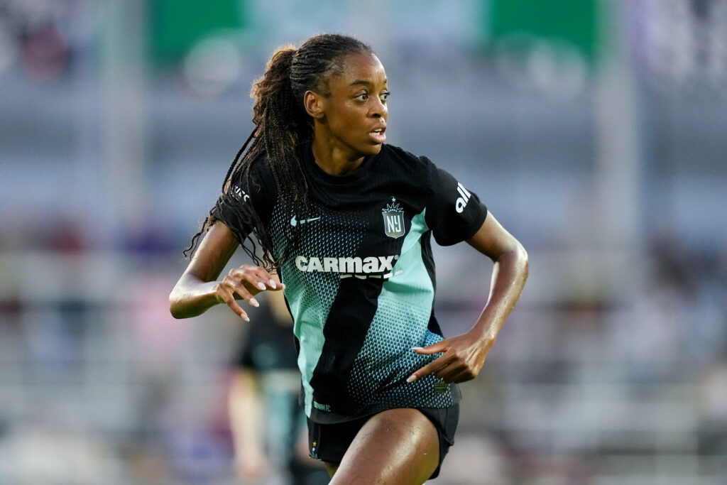 Jordynn Dudley #2 of NJ/NY Gotham FC looks on in the second half during the NWSL match between Racing Louisville FC and NJ/NY Gotham FC at Lynn Family Stadium.
