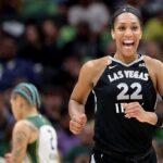 A'ja Wilson #22 of the Las Vegas Aces reacts against the Seattle Storm during the first half at Climate Pledge Arena.