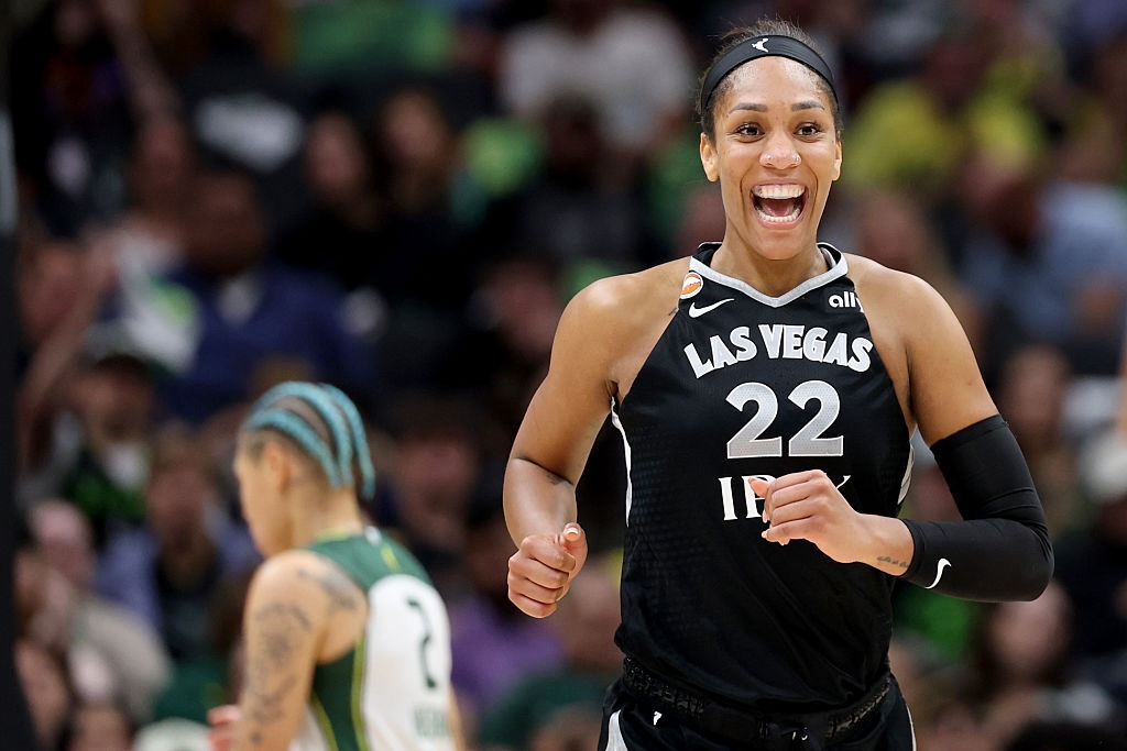 A'ja Wilson #22 of the Las Vegas Aces reacts against the Seattle Storm during the first half at Climate Pledge Arena.