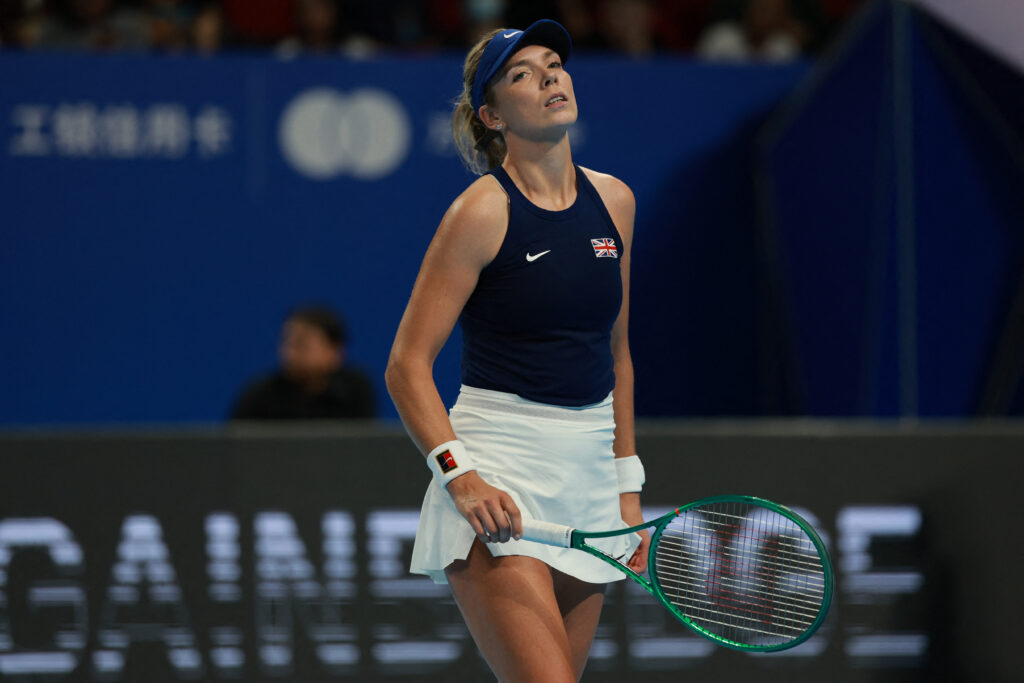Britain's Katie Boulter reacts during the women's singles quarter-final match against Czech Republic's Linda Noskova at the Billie Jean King Cup tennis tournament in Shenzhen, in China's southern Guangdong province.