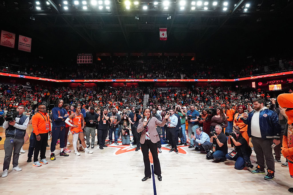 Jennifer Rizzotti, Connecticut Sun Team President, speaks to the fans after the game against the Toronto Tempo on September 24, 2026 at the Mohegan Sun Arena in Uncasville, Connecticut.