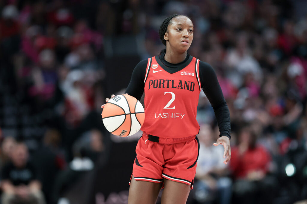 Jordan Harrison #2 of the Portland Fire brings the ball up court against the Phoenix Mercury during the fourth quarter at Moda Center on September 17, 2026 in Portland, Oregon.
