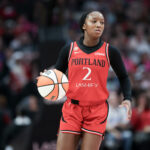 Jordan Harrison #2 of the Portland Fire brings the ball up court against the Phoenix Mercury during the fourth quarter at Moda Center on September 17, 2026 in Portland, Oregon.