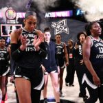 A'ja Wilson #22 of the Las Vegas Aces celebrates after the game against the Indiana Fever during Round One Game Three of the 2026 WNBA Playoffs on October 1, 2026 at Michelob ULTRA Arena n Las Vegas, Nevada.