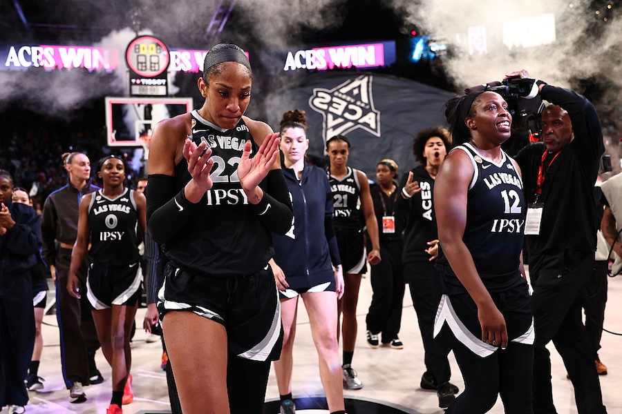 A'ja Wilson #22 of the Las Vegas Aces celebrates after the game against the Indiana Fever during Round One Game Three of the 2026 WNBA Playoffs on October 1, 2026 at Michelob ULTRA Arena n Las Vegas, Nevada.