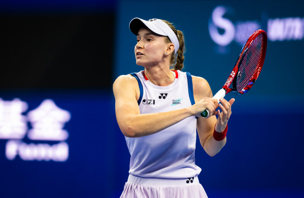 Elena Rybakina of Kazakhstan in action against Alina Charaeva of Armenia in the second round on Day 4 of the China Open at National Tennis Center on October 03, 2026 in Beijing, China.