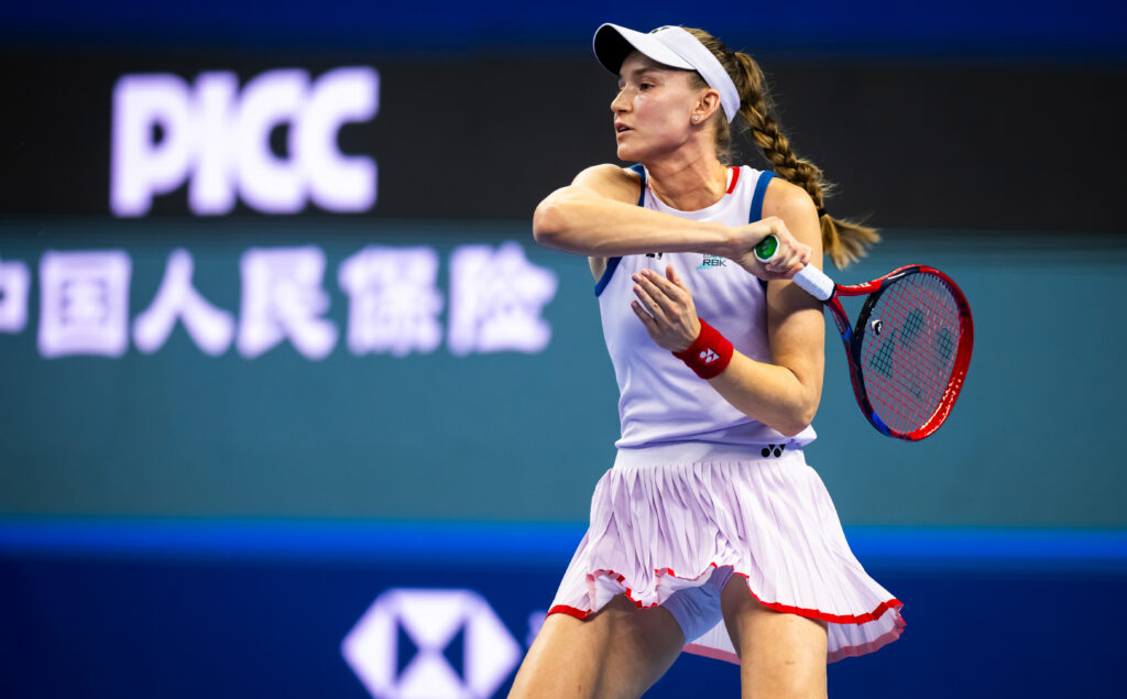 Elena Rybakina of Kazakhstan in action against Alina Charaeva of Armenia in the second round on Day 4 of the China Open at National Tennis Center.