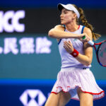Elena Rybakina of Kazakhstan in action against Alina Charaeva of Armenia in the second round on Day 4 of the China Open at National Tennis Center.