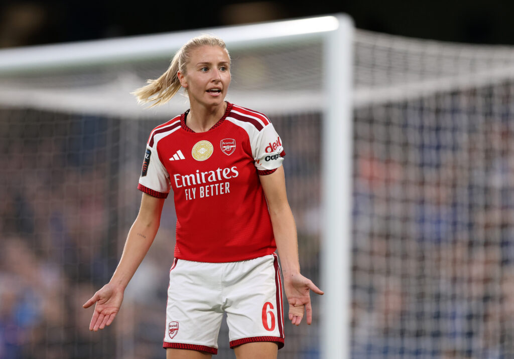 Leah Williamson of Arsenal reacts during the Barclays Women's Super League 2026/27 match between Chelsea FC and Arsenal FC at Stamford Bridge on September 27, 2026 in London, England.