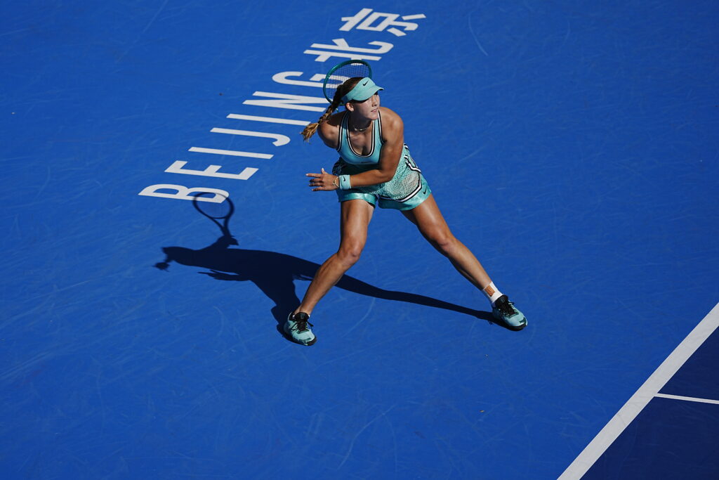 Mirra Andreeva in action during their Women's Singles Round of 32 match against Polina Kudermetova of Uzbekistan on day five of China Open at the National Tennis Center.