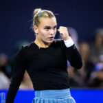 Sara Bejlek of the Czech Republic in action against Naomi Osaka of Japan in the third round on Day 5 of the China Open