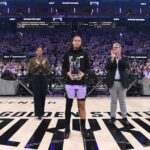 Janelle Salaun #13 of the Golden State Valkyries is honored for winning 2026 Kia WNBA Sixth Player of the Year during Game One of the WNBA Playoff Semifinals at Chase Center on October 4, 2026 at Chase Center in San Francisco, California.
