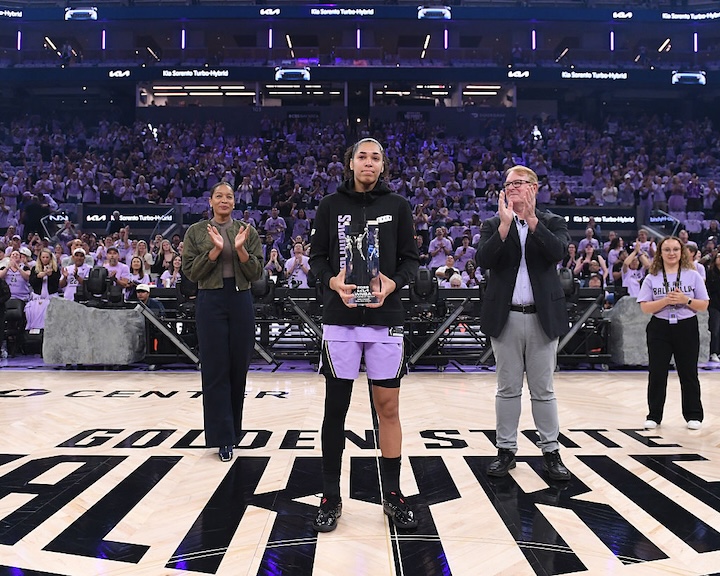Janelle Salaun #13 of the Golden State Valkyries is honored for winning 2026 Kia WNBA Sixth Player of the Year during Game One of the WNBA Playoff Semifinals at Chase Center on October 4, 2026 at Chase Center in San Francisco, California.