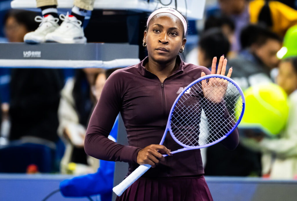 Coco Gauff of the United States reacts to defeating Xinran Sun of China in the third round on Day 6 of the China Open at National Tennis Center.