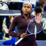 Coco Gauff of the United States reacts to defeating Xinran Sun of China in the third round on Day 6 of the China Open at National Tennis Center.