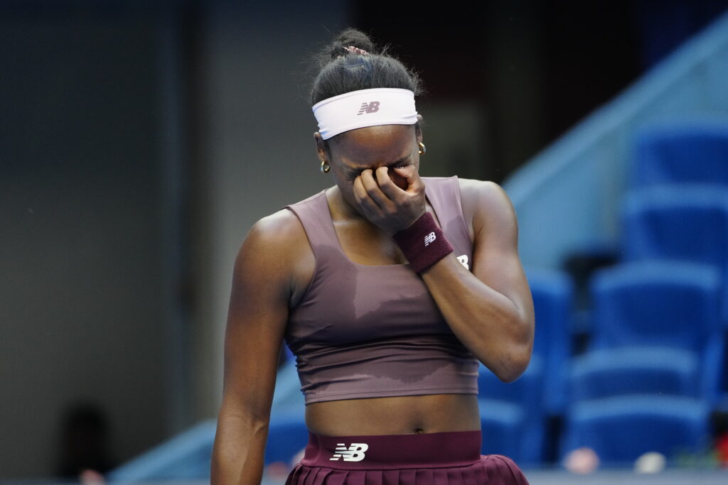 Coco Gauff of the United States reacts against Elise Mertens of Belgium during Women's Singles Round of 16 match on day eight of China Open at the National Tennis Center.