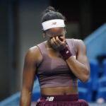 Coco Gauff of the United States reacts against Elise Mertens of Belgium during Women's Singles Round of 16 match on day eight of China Open at the National Tennis Center.