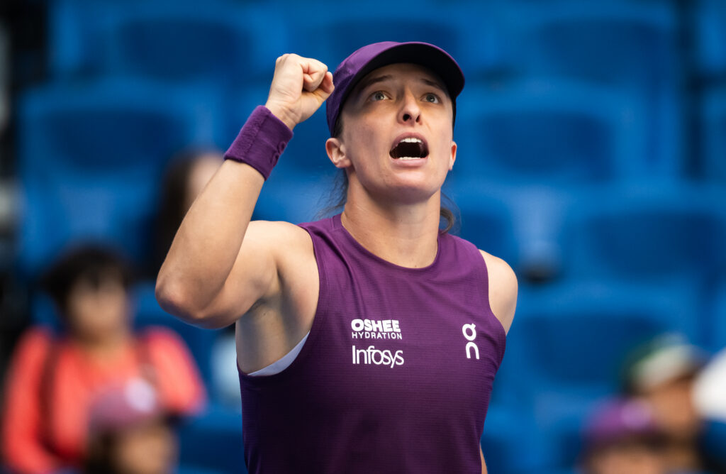 Iga Swiatek of Poland in action against Iva Jovic of the United States in the fourth round on Day 8 of the China Open at National Tennis Center.
