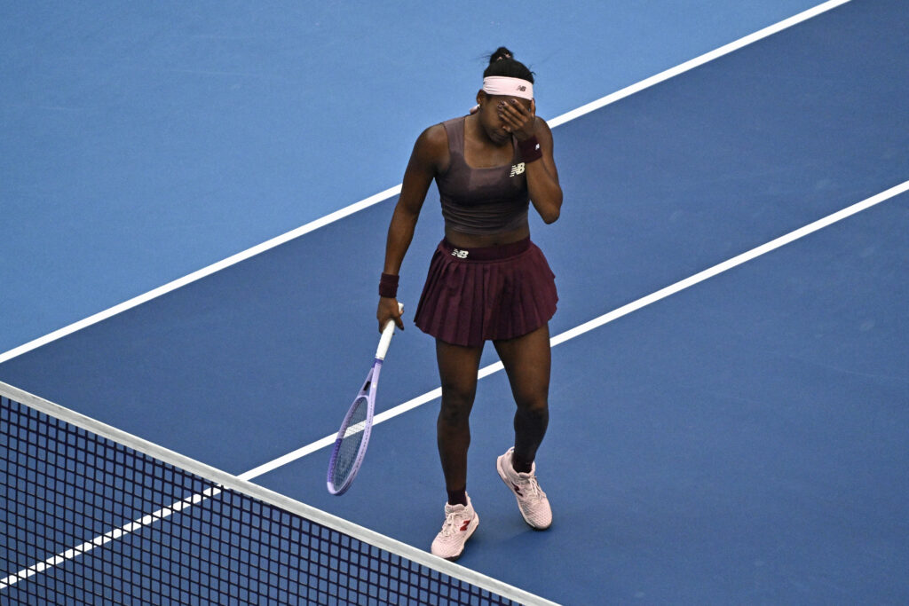 USA's Coco Gauff reacts during her women's singles match against Belgium's Elise Mertens at the China Open.