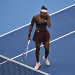 USA's Coco Gauff reacts during her women's singles match against Belgium's Elise Mertens at the China Open.