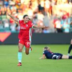 Debinha #99 of Kansas City Current celebrates scoring her team's second goal during the NWSL match between Kansas City Current and Bay FC.