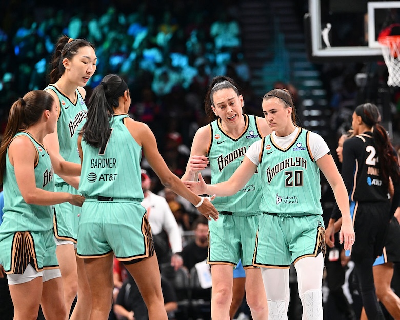 The New York Liberty huddle up during the game against the Atlanta Dream during Semi-Finals Game 2 on October 7, 2026 at Gateway Center Arena at College Park in Atlanta, Georgia.