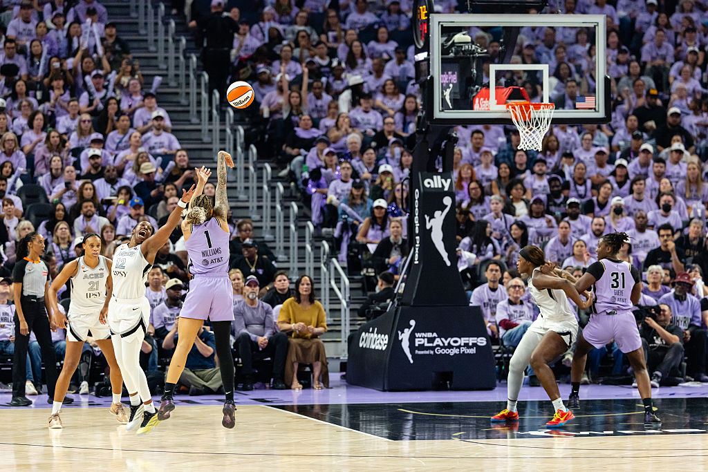 Gabby Williams #1 of the Golden State Valkyries scores a three during Game Two of the WNBA Playoff Semifinals against the Las Vegas Aces on October 7, 2026 at Chase Center in San Francisco, CA.