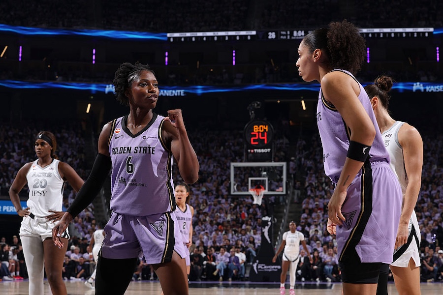 Kaila Charles #6 of the Golden State Valkyries speaks with Janelle Salaun #13 during the game against the Las Vegas Aces during Semi-Finals Game 2.