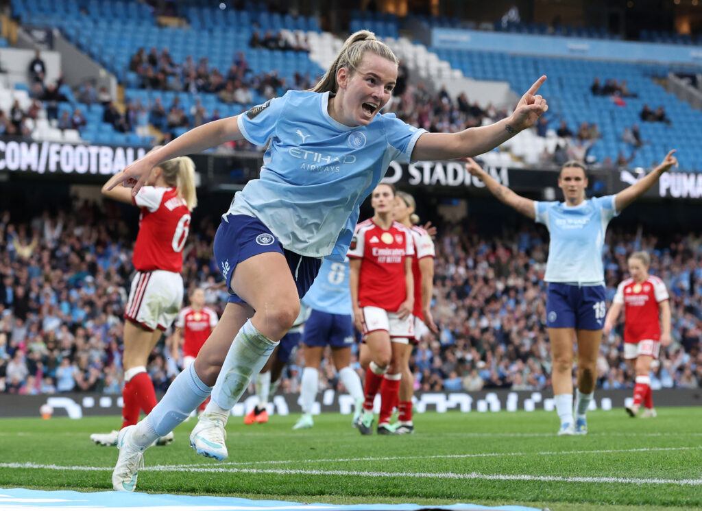 Lauren Hemp of Manchester City celebrates scoring her team’s third goal during the Barclays Women's Super League 2026/27 match between Manchester City and Arsenal FC.