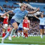 Lauren Hemp of Manchester City celebrates scoring her team’s third goal during the Barclays Women's Super League 2026/27 match between Manchester City and Arsenal FC.