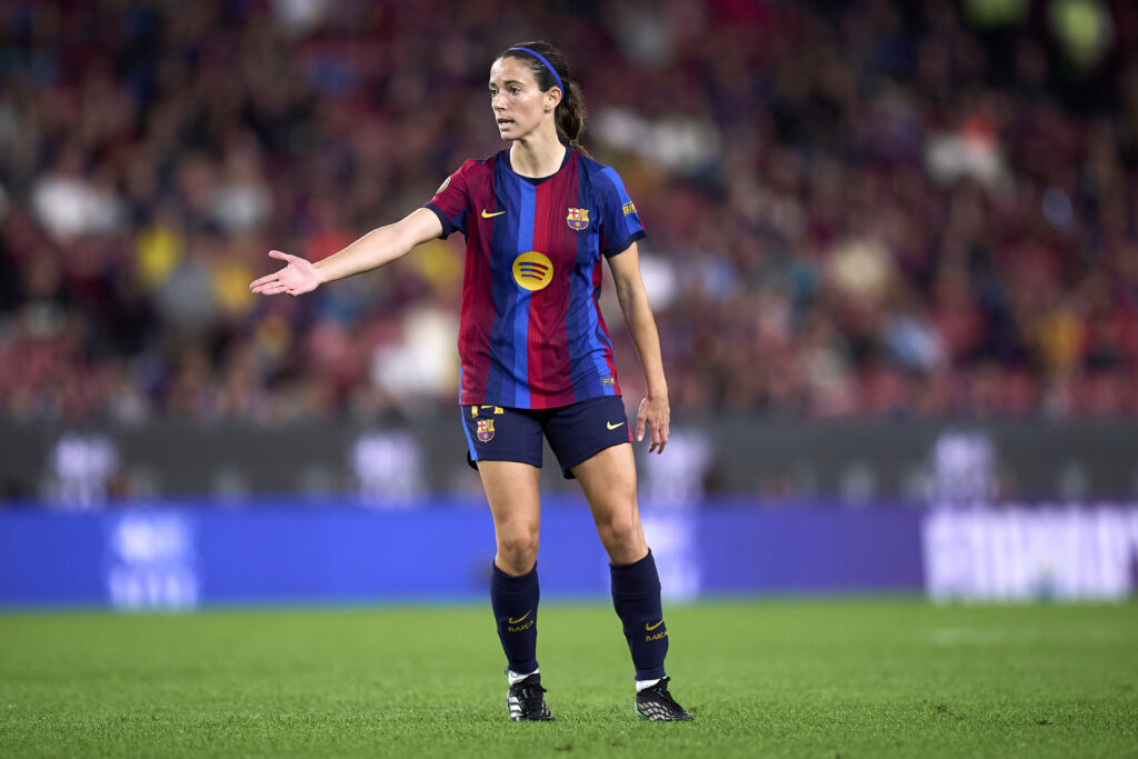 Aitana Bonmati of FC Barcelona reacts during the Liga F Moeve 2026/27 match between FC Barcelona and Real Madrid CF.