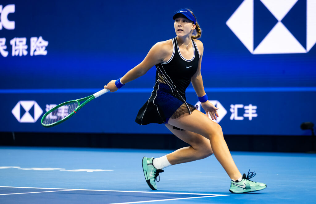 Mirra Andreeva in action against Ekaterina Alexandrova in the quarter-final on Day 9 of the China Open at National Tennis Center.