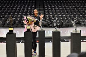 A'ja Wilson #22 of the Las Vegas Aces wins her 5th WNBA MVP award on October 8, 2026 at Michelob ULTRA Arena in Las Vegas, Nevada.