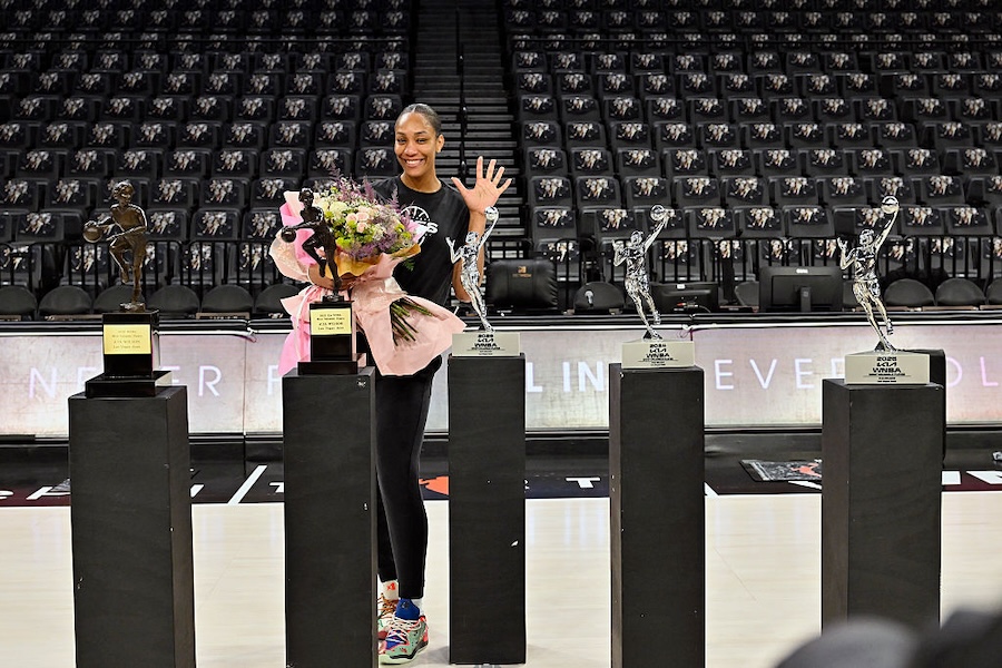 A'ja Wilson #22 of the Las Vegas Aces wins her 5th WNBA MVP award on October 8, 2026 at Michelob ULTRA Arena in Las Vegas, Nevada.