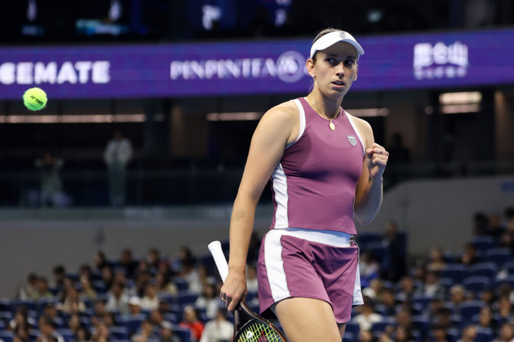 Elise Mertens of Belgium reacts during the Women's Singles quarterfinal match against Iga Swiatek of Poland on day ten of China Open at the National Tennis Center.