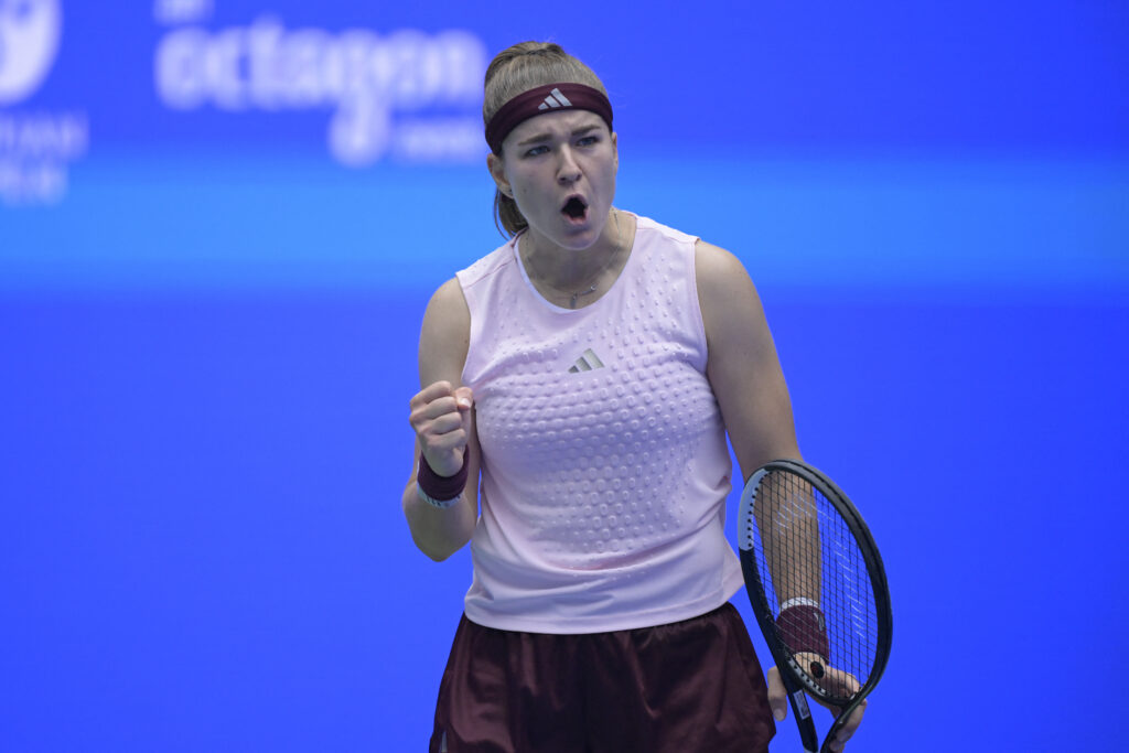 Czech Republic's Karolina Muchova reacts after a point against USA's Caty McNally during their women's singles match at the Wuhan Open.