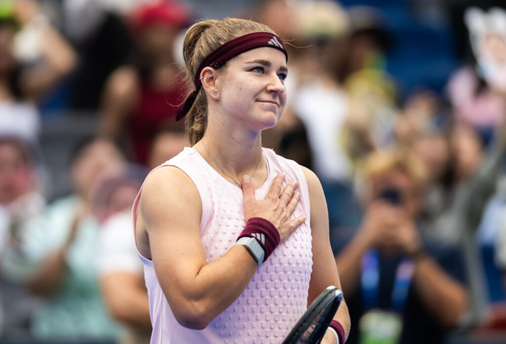 Karolina Muchova of the Czech Republic in action against Catherine McNally of the United States in the second round on Day 3 of the Dongfeng Voyah Wuhan Open.