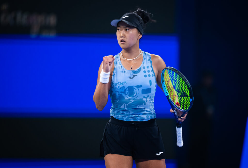 Ann Li of the United States in action against Aryna Sabalenka in the second round on Day 3 of the Wuhan Open.