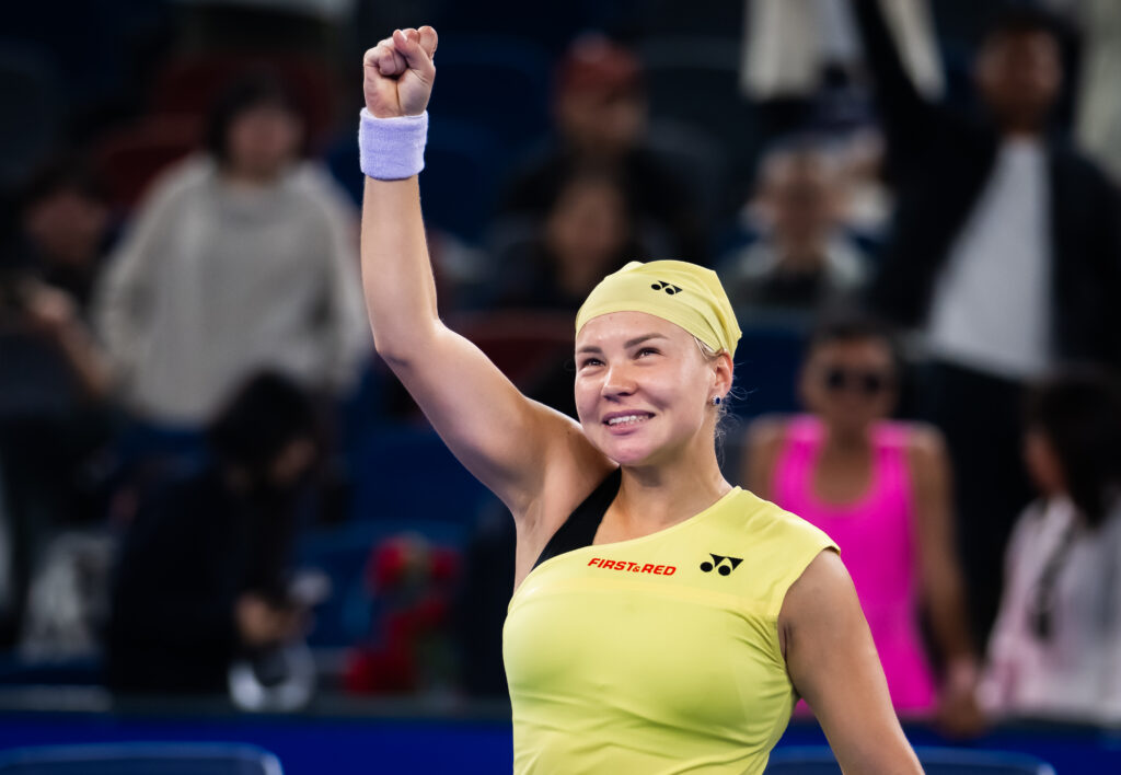 Diana Shnaider celebrates defeating Karolina Muchova of the Czech Republic.