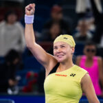 Diana Shnaider celebrates defeating Karolina Muchova of the Czech Republic.