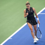 Maja Chwalinska of Poland in action against Iva Jovic of the United States in the third round on Day 4 of the Wuhan Open.