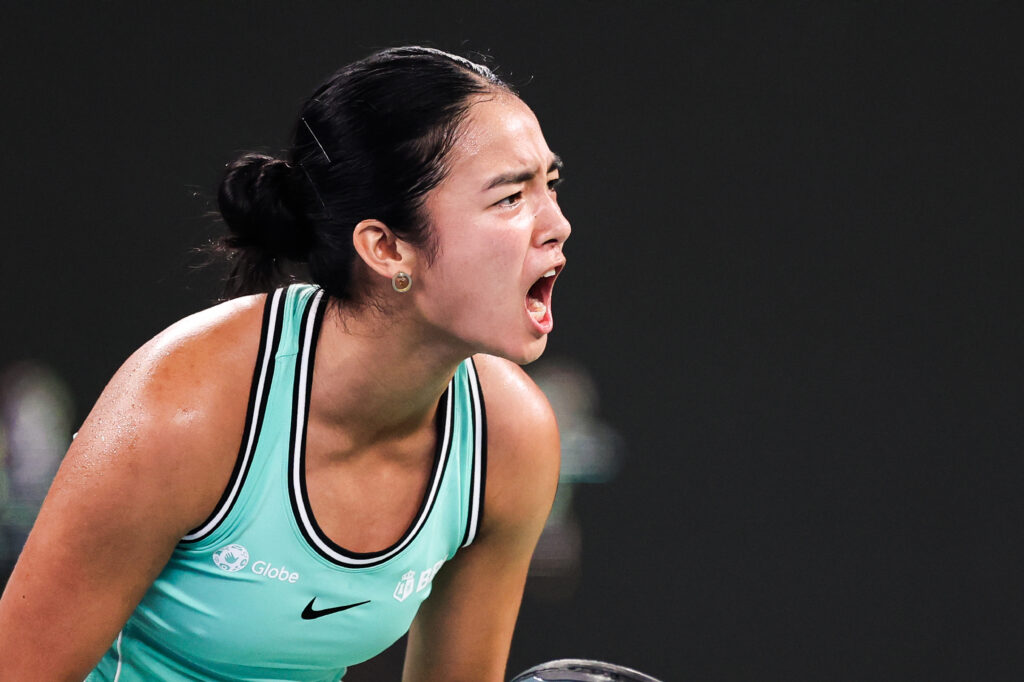 Alexandra Eala of Philippines celebrates against Shi Han of China on day one of Wuhan Open.