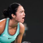 Alexandra Eala of Philippines celebrates against Shi Han of China on day one of Wuhan Open.